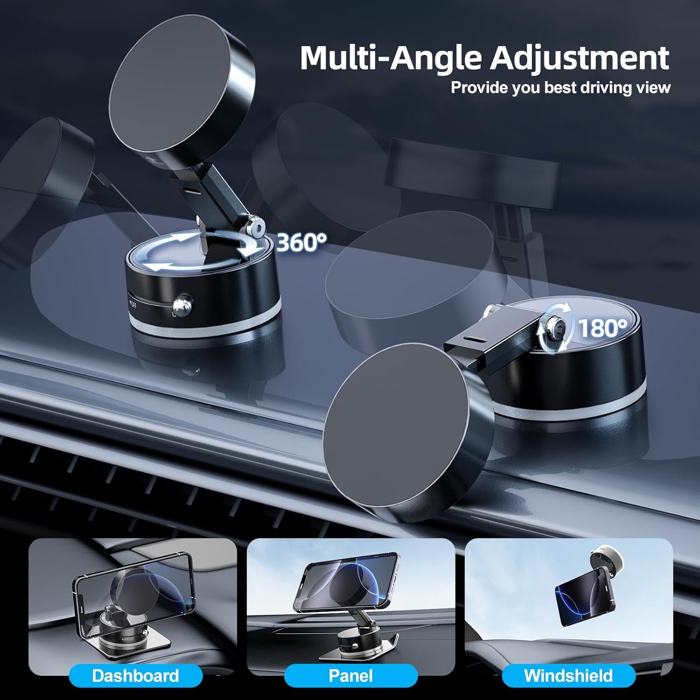 Magnetic Phone Holder for Car, 360° Rotatable Phone Holder, Mini Car Phone Mount with Vacuum Suction Cup, Foldable Stand with Magnetic Ring for Mirror/Shower/Smooth Surface, for all Smartphone
