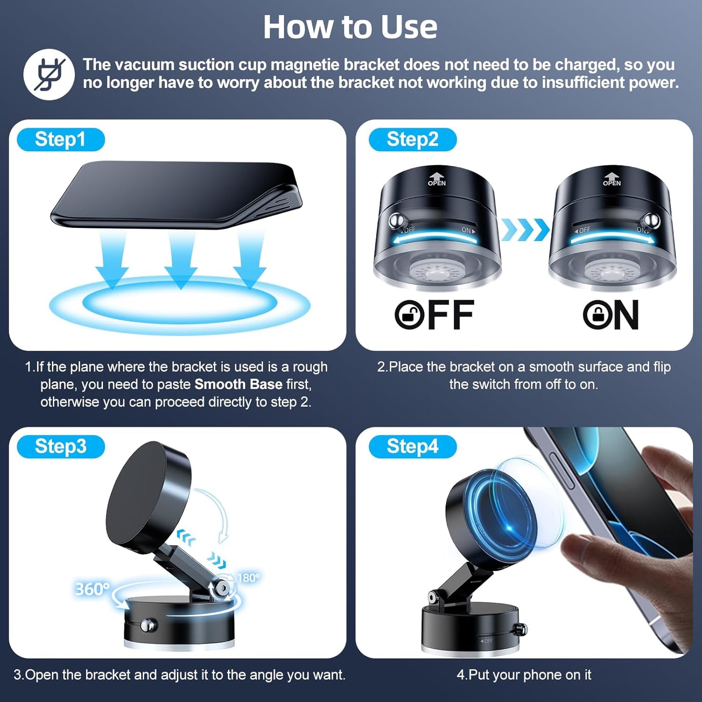 Magnetic Phone Holder for Car, 360° Rotatable Phone Holder, Mini Car Phone Mount with Vacuum Suction Cup, Foldable Stand with Magnetic Ring for Mirror/Shower/Smooth Surface, for all Smartphone