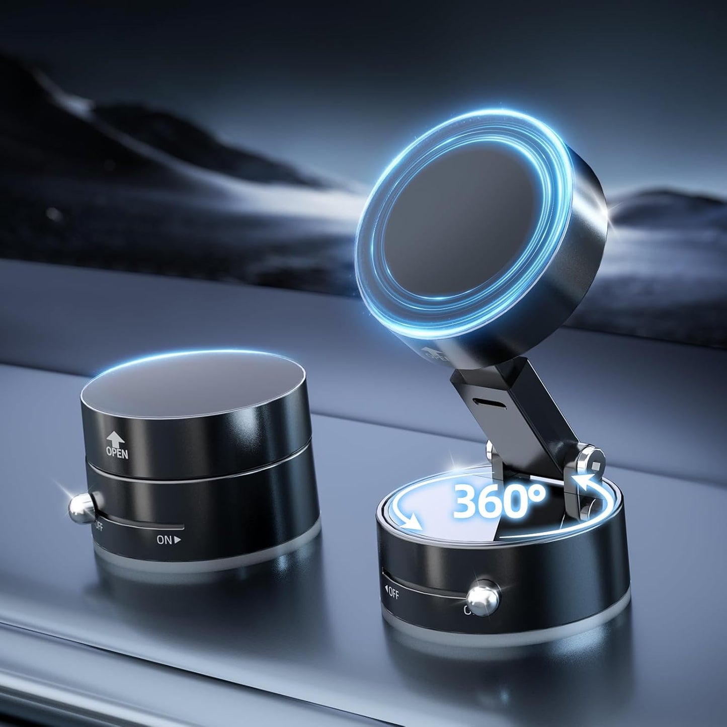 Magnetic Phone Holder for Car, 360° Rotatable Phone Holder, Mini Car Phone Mount with Vacuum Suction Cup, Foldable Stand with Magnetic Ring for Mirror/Shower/Smooth Surface, for all Smartphone