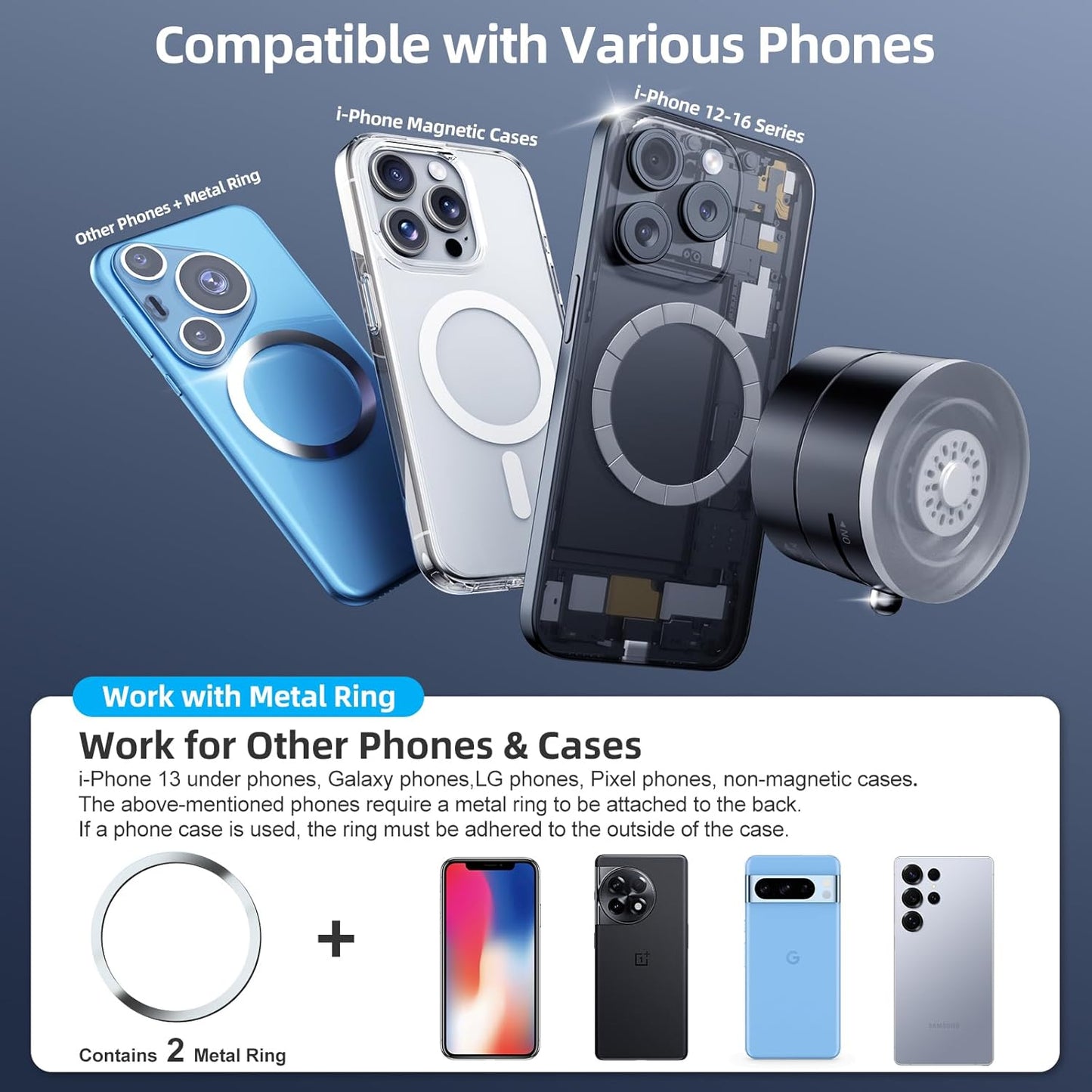 Magnetic Phone Holder for Car, 360° Rotatable Phone Holder, Mini Car Phone Mount with Vacuum Suction Cup, Foldable Stand with Magnetic Ring for Mirror/Shower/Smooth Surface, for all Smartphone